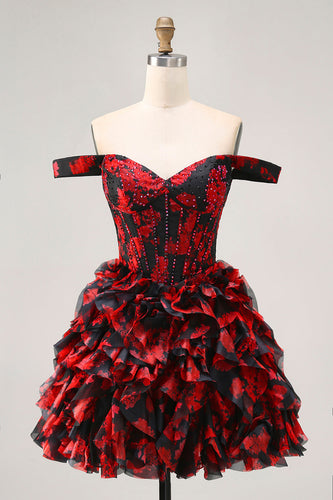 Sparkly Black and Red Short Floral Corset Prom Dress with Beading
