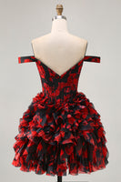 Load image into Gallery viewer, Sparkly Black and Red Short Floral Corset Prom Dress with Beading