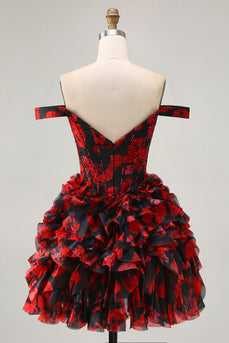 Sparkly Black and Red Short Floral Corset Prom Dress with Beading