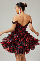 Load image into Gallery viewer, Sparkly Black and Red Short Floral Corset Prom Dress with Beading