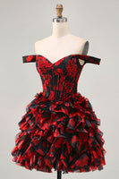 Load image into Gallery viewer, Sparkly Black and Red Short Floral Corset Prom Dress with Beading