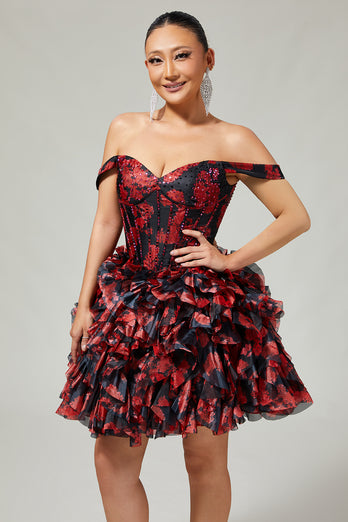 Sparkly Black and Red Short Floral Corset Prom Dress with Beading