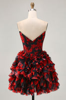 Load image into Gallery viewer, Sparkly Black and Red Short Floral Corset Prom Dress with Beading
