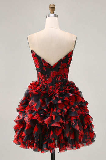 Sparkly Black and Red Short Floral Corset Prom Dress with Beading