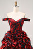 Load image into Gallery viewer, Sparkly Black and Red Short Floral Corset Prom Dress with Beading