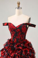 Load image into Gallery viewer, Sparkly Black and Red Short Floral Corset Prom Dress with Beading