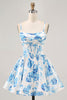 Load image into Gallery viewer, White and Blue Floral Satin Ruched Short Corset Prom Dress