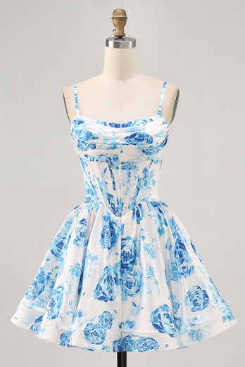 White and Blue Floral Satin Ruched Short Corset Prom Dress