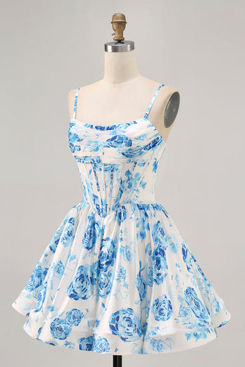 White and Blue Floral Satin Ruched Short Corset Prom Dress