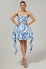 Load image into Gallery viewer, White and Fuchsia Ruched Ruffled Short Floral Prom Dress with Pearls