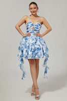 Load image into Gallery viewer, White and Blue Floral Ruched Ruffled Short Prom Dress with Pearls