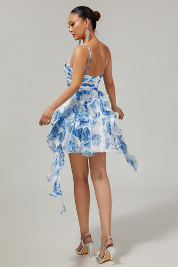 White and Fuchsia Ruched Ruffled Short Floral Prom Dress with Pearls