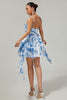 Load image into Gallery viewer, White and Blue Floral Ruched Ruffled Short Prom Dress with Pearls
