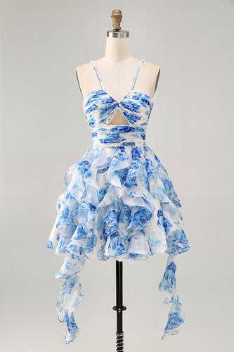 White and Blue Floral Ruched Ruffled Short Prom Dress with Pearls