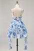 Load image into Gallery viewer, White and Fuchsia Ruched Ruffled Short Floral Prom Dress with Pearls