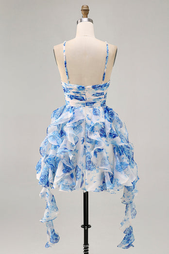 White and Fuchsia Ruched Ruffled Short Floral Prom Dress with Pearls