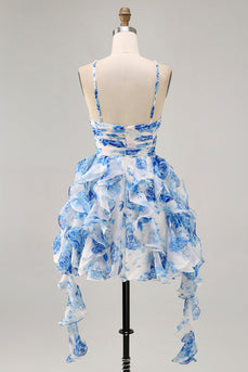 White and Blue Floral Ruched Ruffled Short Prom Dress with Pearls