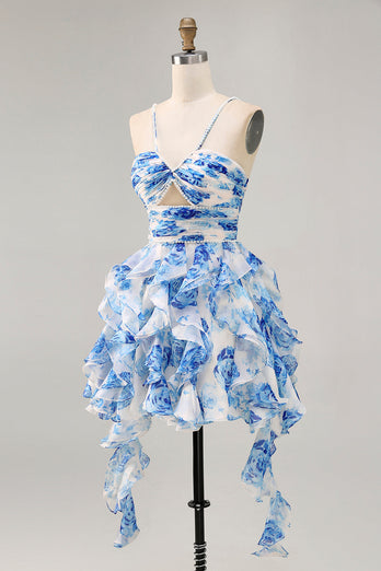 White and Fuchsia Ruched Ruffled Short Floral Prom Dress with Pearls