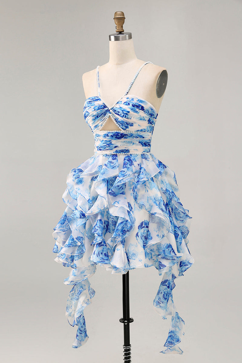 Load image into Gallery viewer, White and Fuchsia Ruched Ruffled Short Floral Prom Dress with Pearls