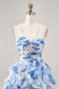 Load image into Gallery viewer, White and Fuchsia Ruched Ruffled Short Floral Prom Dress with Pearls