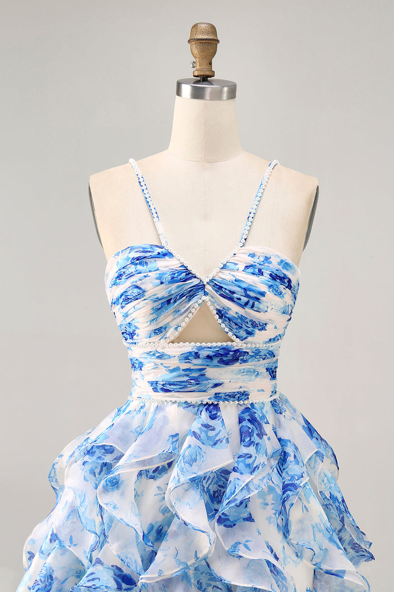 Load image into Gallery viewer, White and Blue Floral Ruched Ruffled Short Prom Dress with Pearls