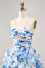 Load image into Gallery viewer, White and Fuchsia Ruched Ruffled Short Floral Prom Dress with Pearls