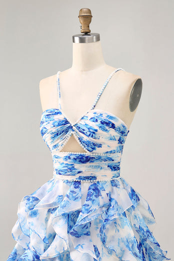 White and Fuchsia Ruched Ruffled Short Floral Prom Dress with Pearls