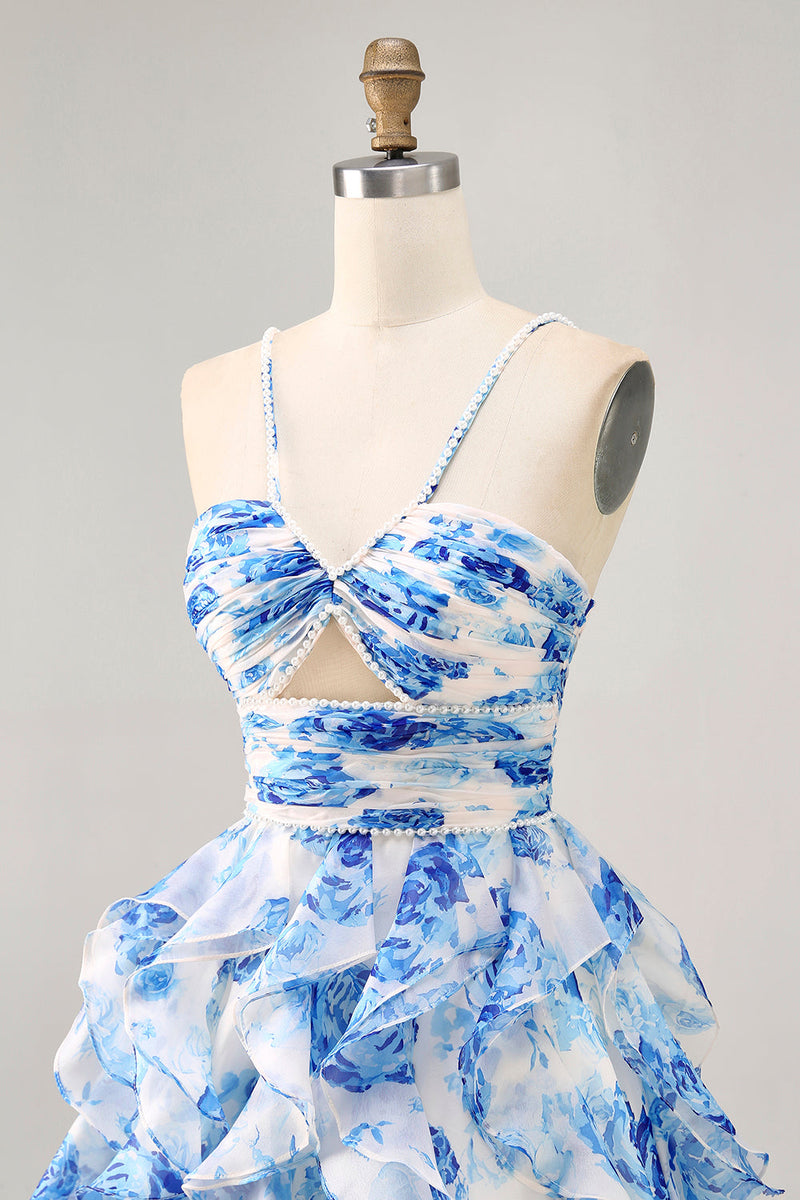 Load image into Gallery viewer, White and Fuchsia Ruched Ruffled Short Floral Prom Dress with Pearls