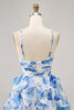 Load image into Gallery viewer, White and Fuchsia Ruched Ruffled Short Floral Prom Dress with Pearls