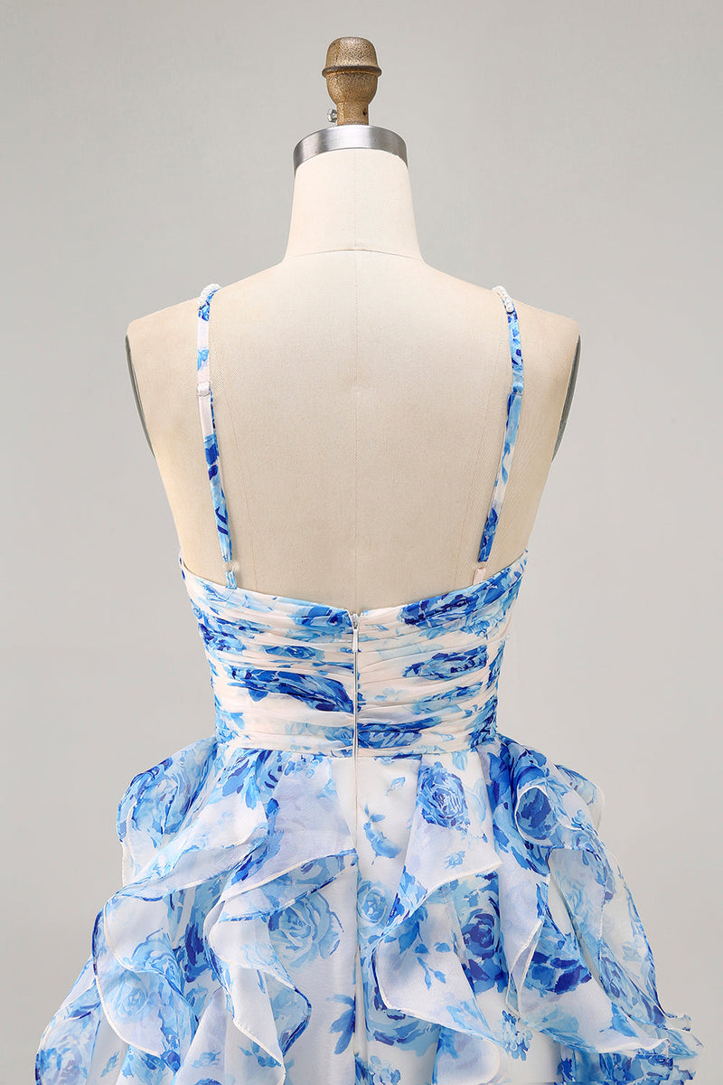 Load image into Gallery viewer, White and Blue Floral Ruched Ruffled Short Prom Dress with Pearls