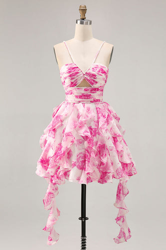 White and Fuchsia Ruched Ruffled Short Floral Prom Dress with Pearls