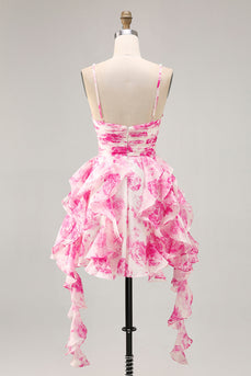 White and Fuchsia Ruched Ruffled Short Floral Prom Dress with Pearls