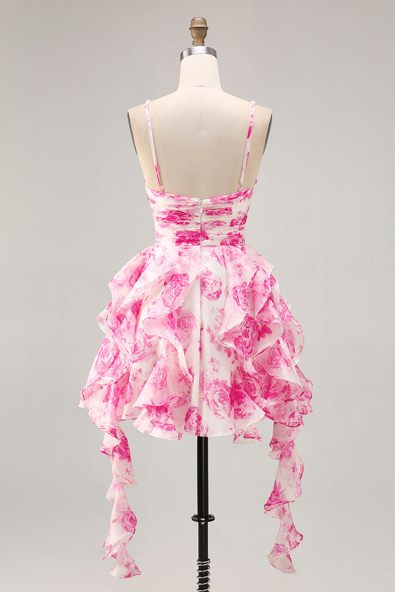 Load image into Gallery viewer, White and Fuchsia Ruched Ruffled Short Floral Prom Dress with Pearls