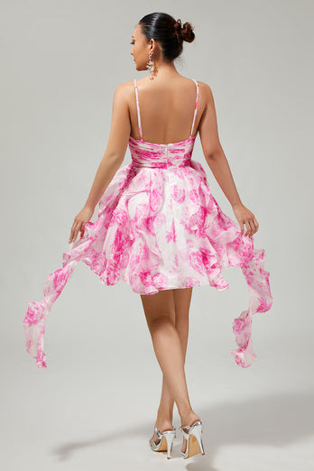 White and Blue Floral Ruched Ruffled Short Prom Dress with Pearls