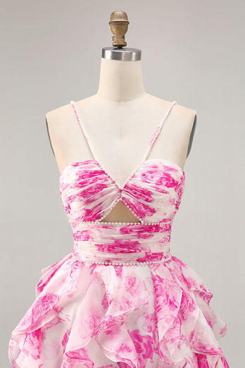 White and Fuchsia Ruched Ruffled Short Floral Prom Dress with Pearls