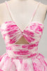 Load image into Gallery viewer, White and Fuchsia Ruched Ruffled Short Floral Prom Dress with Pearls