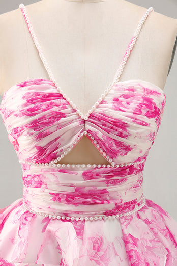 White and Fuchsia Ruched Ruffled Short Floral Prom Dress with Pearls