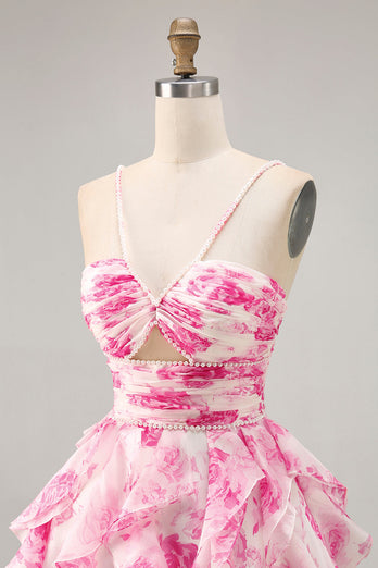 White and Fuchsia Ruched Ruffled Short Floral Prom Dress with Pearls