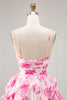 Load image into Gallery viewer, White and Fuchsia Ruched Ruffled Short Floral Prom Dress with Pearls