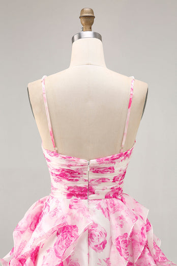 White and Fuchsia Ruched Ruffled Short Floral Prom Dress with Pearls