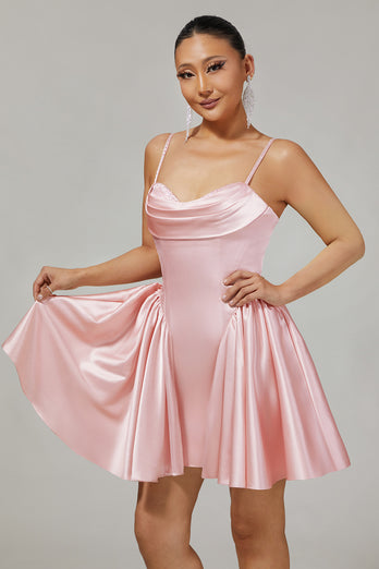 Sparkly Blush A Line Satin Short Prom Dress with Beading