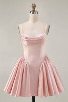 Load image into Gallery viewer, Sparkly Blush A Line Satin Short Prom Dress with Beading