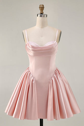 Sparkly Blush A Line Satin Short Prom Dress with Beading