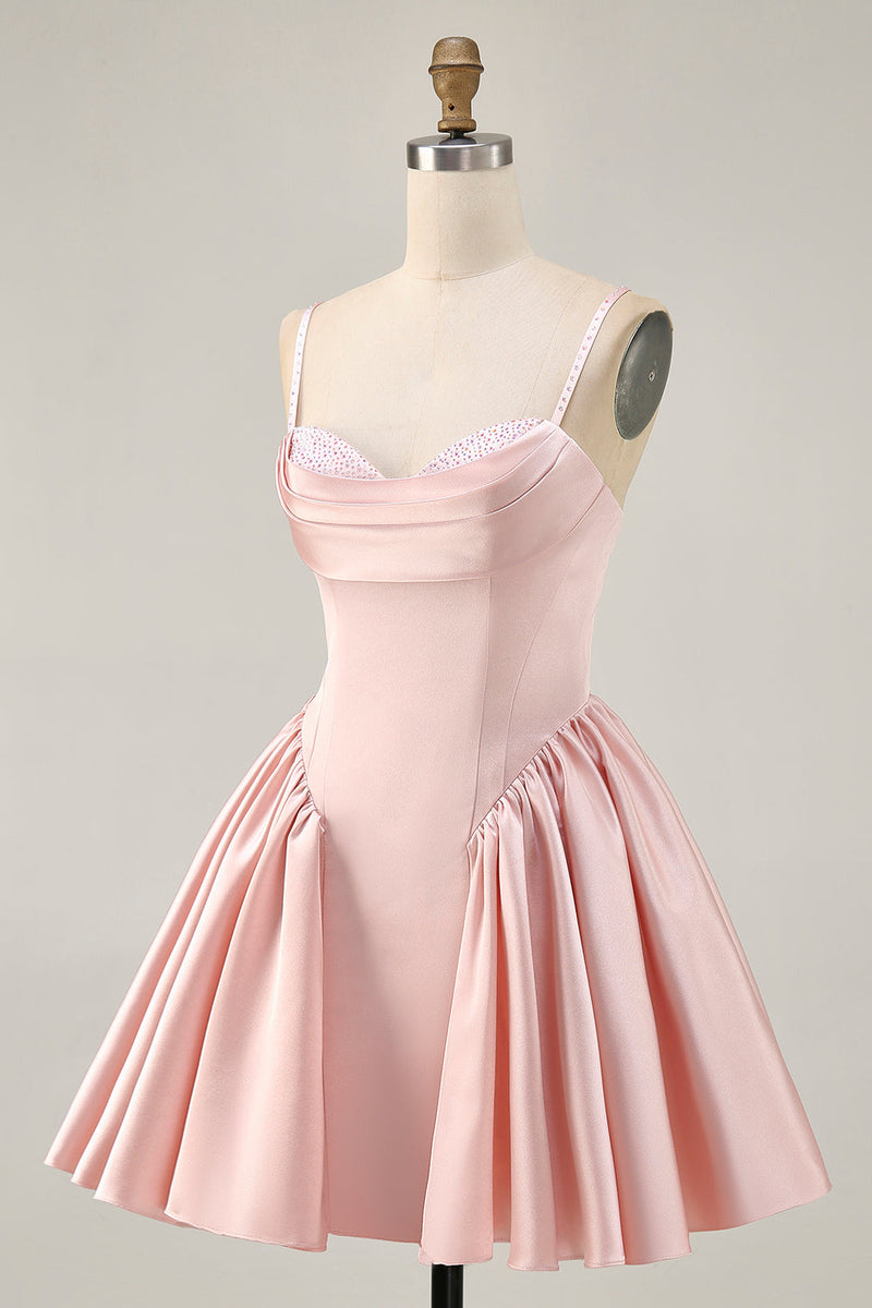 Load image into Gallery viewer, Sparkly Blush A Line Satin Short Prom Dress with Beading