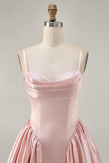 Sparkly Blush A Line Satin Short Prom Dress with Beading
