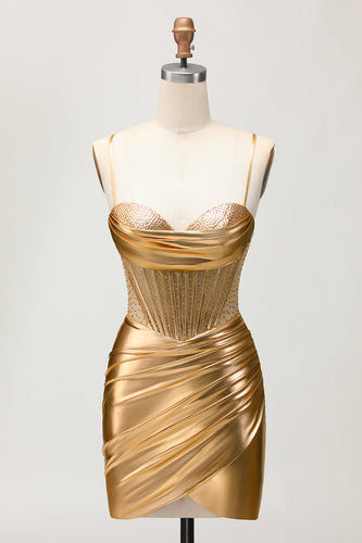 Sparkly Golden Corset Metallic Ruched Tight Short Prom Dress with Beading