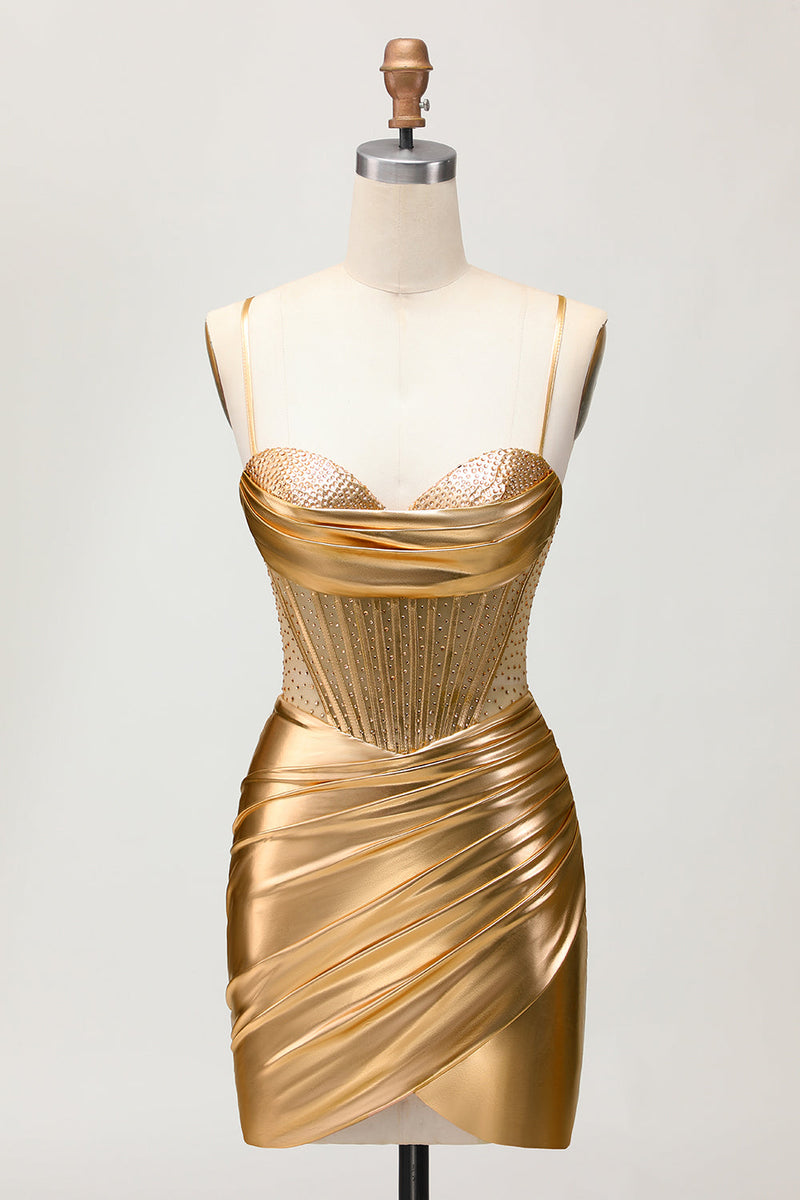 Load image into Gallery viewer, Sparkly Golden Corset Metallic Ruched Tight Short Prom Dress with Beading