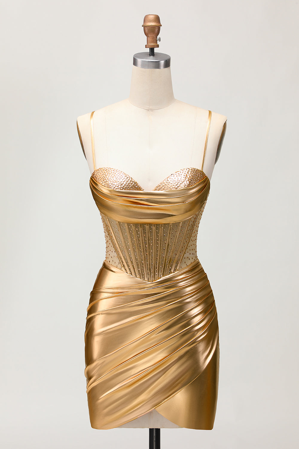Sparkly Golden Corset Metallic Ruched Tight Short Prom Dress with Beading