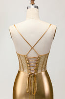 Load image into Gallery viewer, Sparkly Golden Corset Metallic Ruched Tight Short Prom Dress with Beading