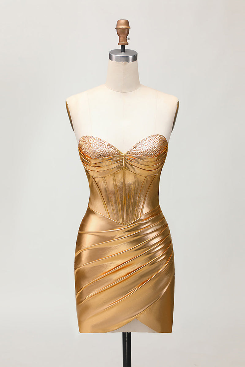 Load image into Gallery viewer, Sparkly Golden Tight Metallic Short Corset Prom Dress